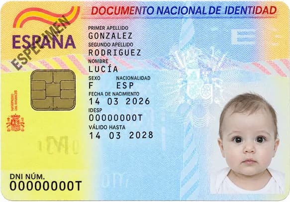 Espécimen de DNI con la foto de carnet de un bebé ya impresa