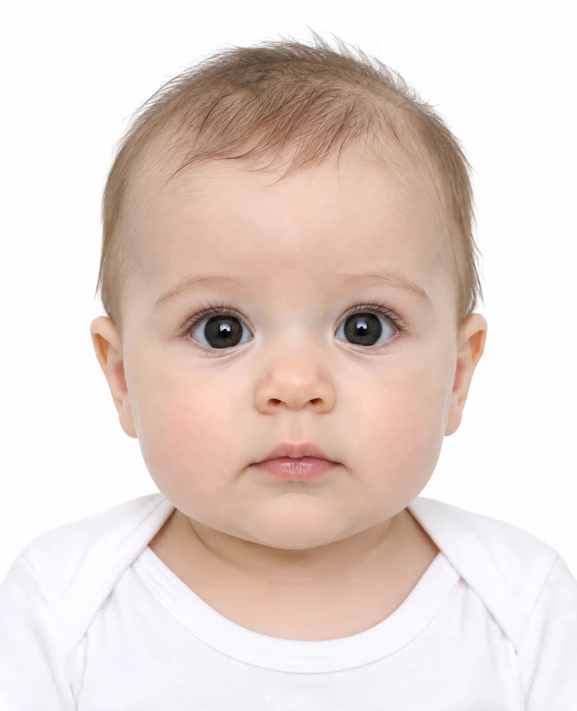 La misma foto ajustada al formato del DNI: 26 × 32 mm, fondo blanco y rostro del bebé centrado