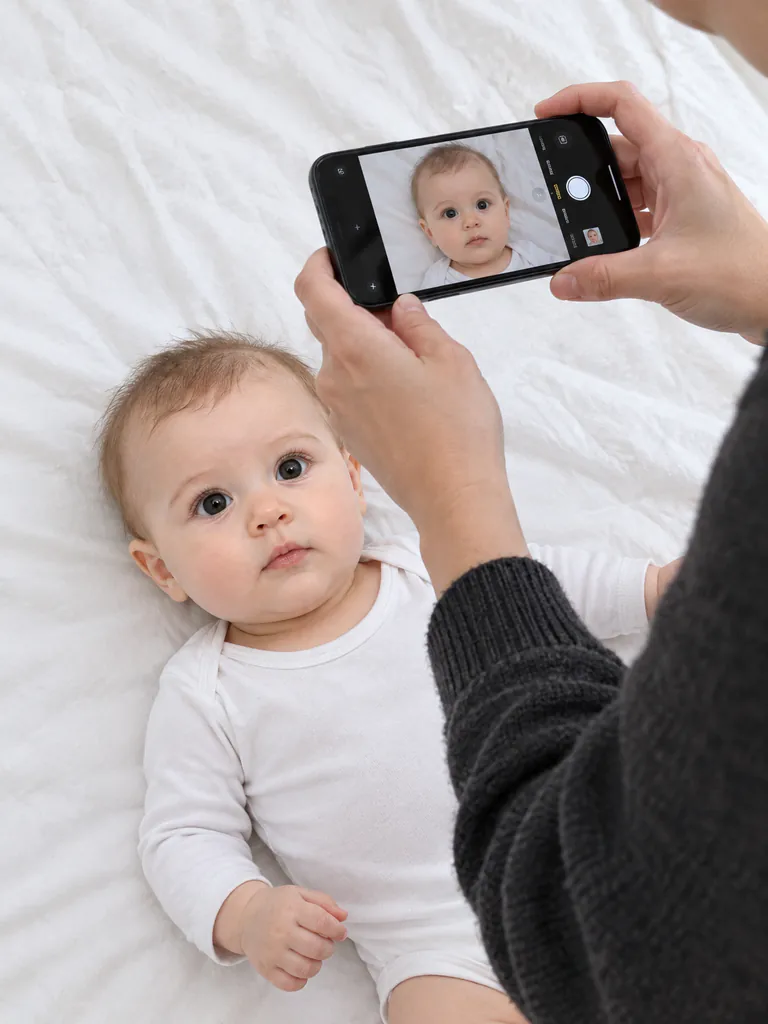 Padre fotografiando con el móvil a un bebé tumbado sobre una sábana blanca