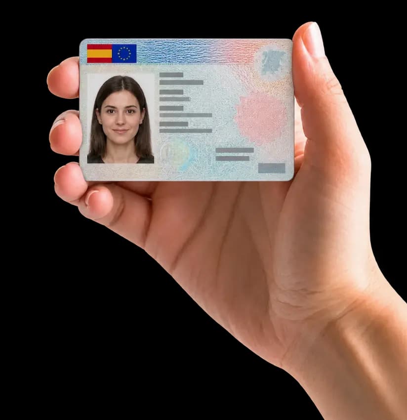 Mano sujetando un DNI español con la foto de carnet en formato oficial de 26 × 32 mm