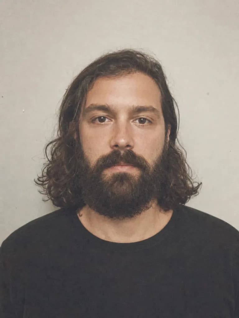 Foto de carnet antiga d'un home amb els cabells llargs i barba espessa.