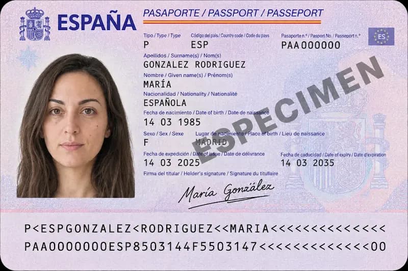 Espécimen de la página de datos del pasaporte español con la foto de carnet ya impresa