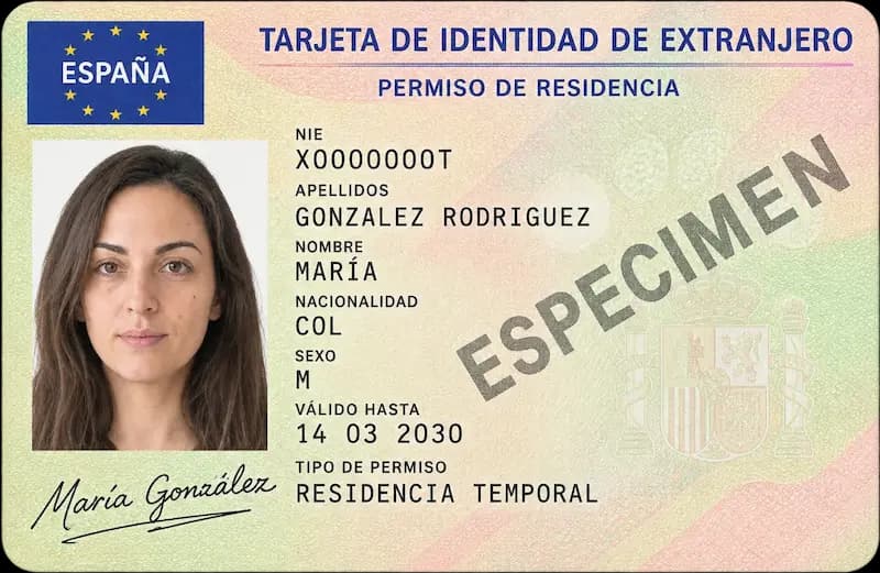 Foto TIE de ejemplo: espécimen de la tarjeta de identidad de extranjero con la foto de carnet ya impresa junto al NIE